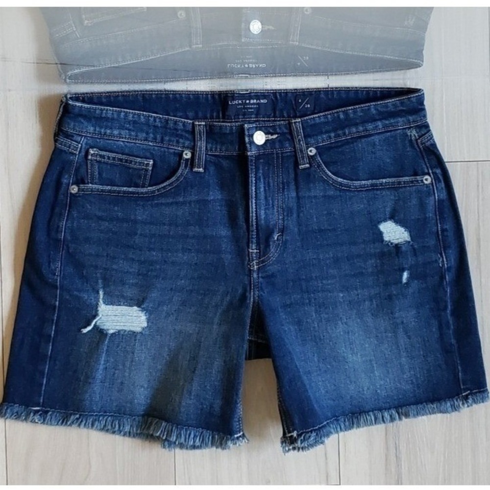 Lucky Brand Denim Shorts‎ Womens 28 Boyfriend Short Short Distressed Dark Wash